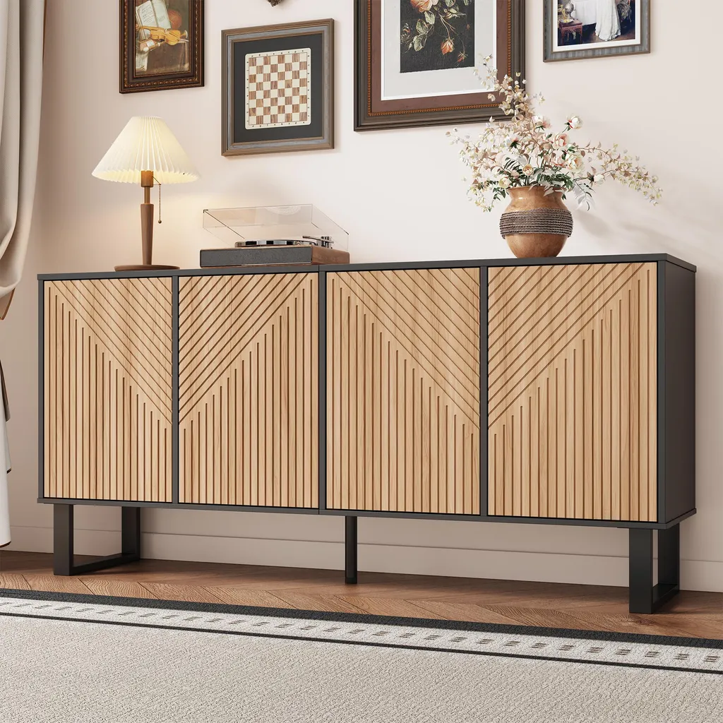 Buffet avec Façade à Rayures 3D et Aspect Bois Meuble Rangement Moderne
