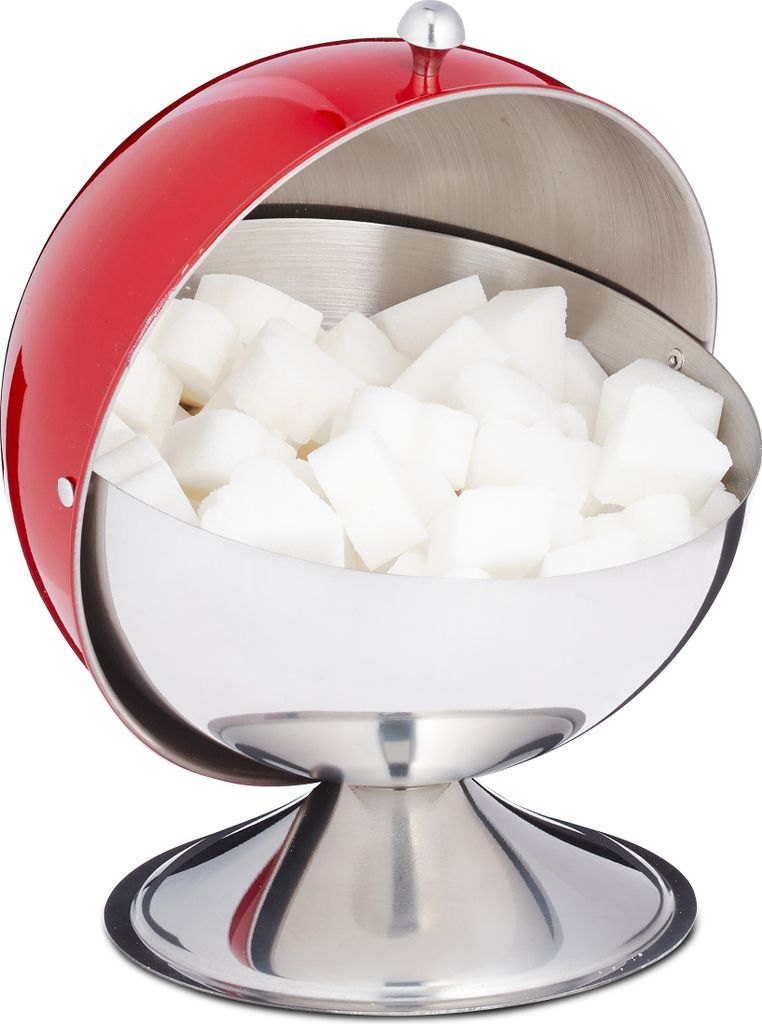 Relaxdays Zuckerdose, mit Rolldeckel, glänzender Edelstahl, für Zucker & Süßigkeiten, Bonbondose, Zuckerkugel, rot