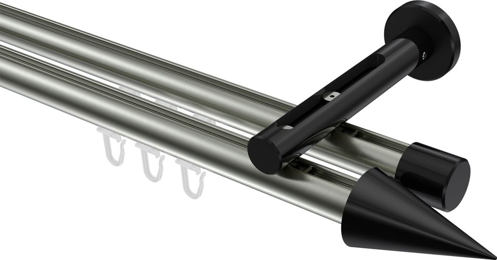 Interdeco Innenlaufstange / Gardinenstange mit Innenlauf Edelstahl-Optik / Schwarz, Typ Siteno Savio (Kegel), 20 mm Ø 2-läufig, 140 cm