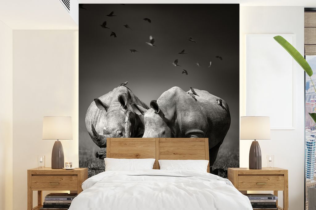 MuchoWow Fototapete für Wohnzimmer oder Schlafzimmer Wandtapete Vinyl Motivtapete Nashorn - Vogel - Tiere - Landschaft - Schwarz-Weiß - 175x240...
