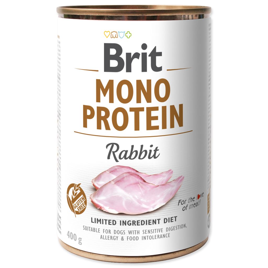 A can of dog food with an image of rabbit meat on it.