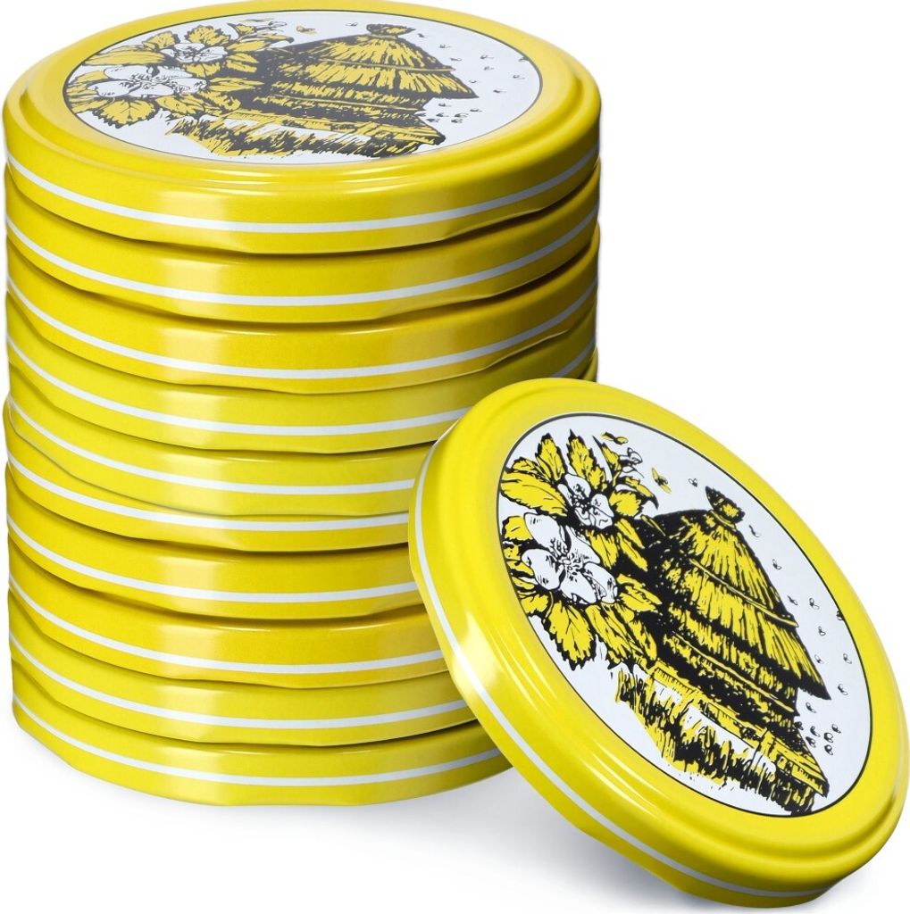 KADAX Einmach-Deckel Set aus Metall "Valsta", mit 4 Einrastzähnen, Bienenstock, 66 mm, 10 Stück