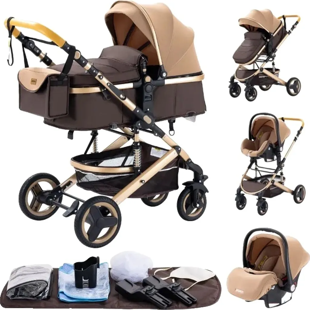 Poussette kaki avec quatre roues amortissantes pour un confort optimal