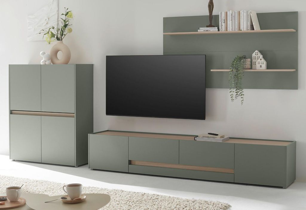 Wohnwand "Center" Salbei Grün mit Eiche, 3-teiliges Set mit XXL TV-Lowboard und 4-türiger Kommode