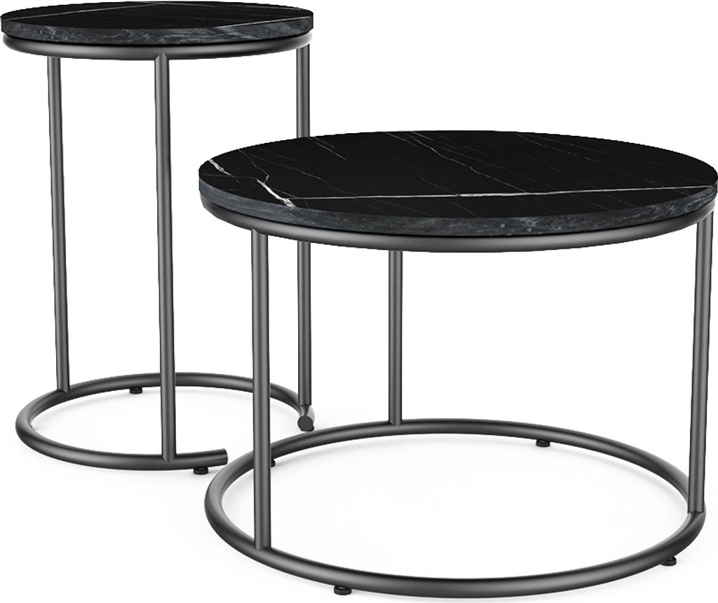 Two nesting round coffee tables with black marble tops and dark metal frames against a white background.