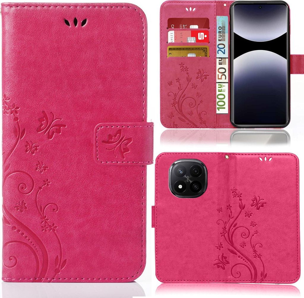 Handy Tasche für Xiaomi Redmi Note 14 Pro+ Hülle Handyhülle mit Blumenmuster Klapp Hülle mit Standfunktion und Kartenfächer Farbe Pink