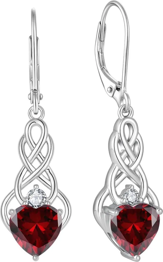 Boucles d'oreilles Nœud Celtique FJ en Argent 925 et Grenat Rouge