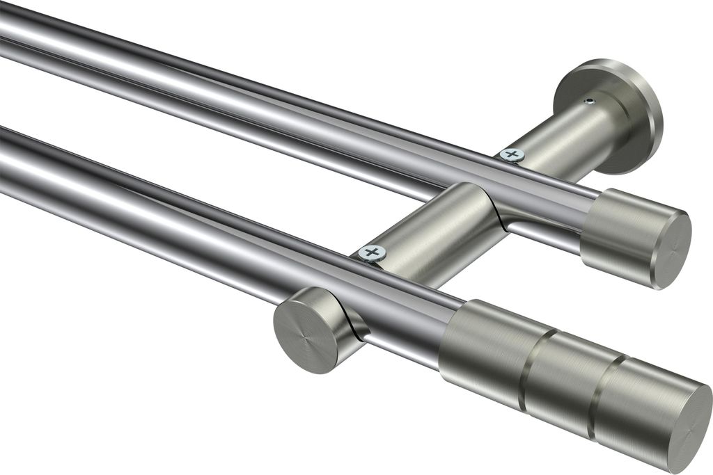 Interdeco Gardinenstange / Vorhangstange Chrom / Edelstahl-Optik, Typ Platon Elanto (Rillenzylinder) ohne Ringe, 20 mm Ø 2-läufig, 220 cm