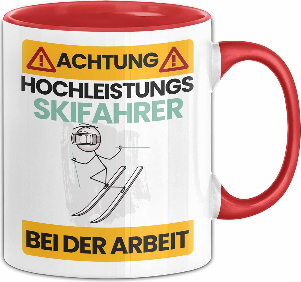 Skifahrer Tasse Geschenk Lustiger Spruch Geschenkidee für Skifahrer Achtung Hochleistungs Skifahrer Bei Der Arbeit (Rot)