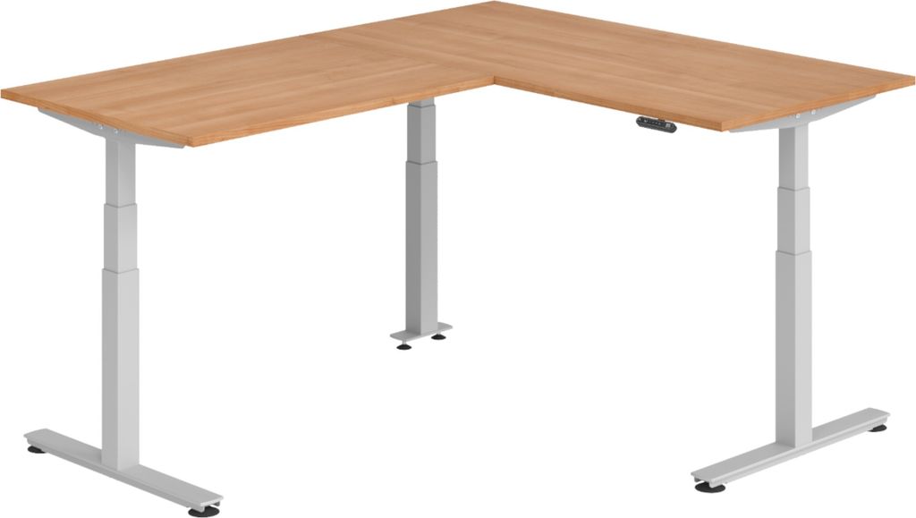 bümö Eckschreibtisch elektrisch höhenverstellbar L-Form - Gestell: Silber, Nachbildung: Nussbaum, Größe: Eckschreibtisch 160 x 200 cm