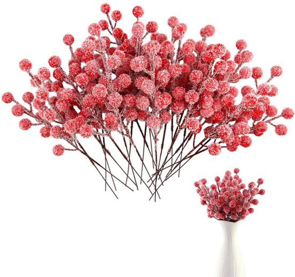 Unyqoos Set aus 24 künstlichen roten Beeren für Winterdekoration und Kranzdesign