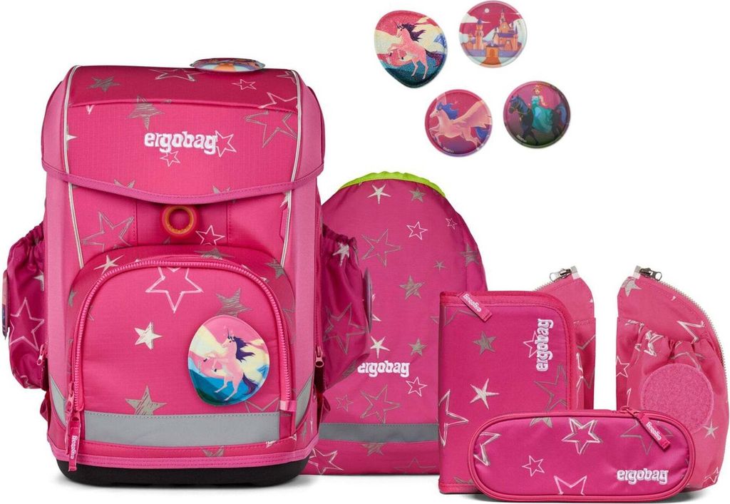 A collection of pink school supplies with star and unicorn motifs.
