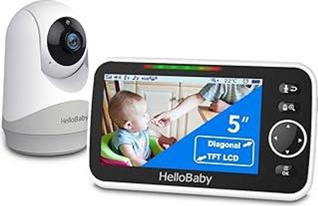 HelloBaby Monitor mit Kamera und Audio, 5-Zoll-Großbildschirm mit 3500-mAh-Akku, Ferngesteuerte Pan-Tilt-Zoom-Kamera, Zwei-Wege-Gespräch, ECO-Mod...