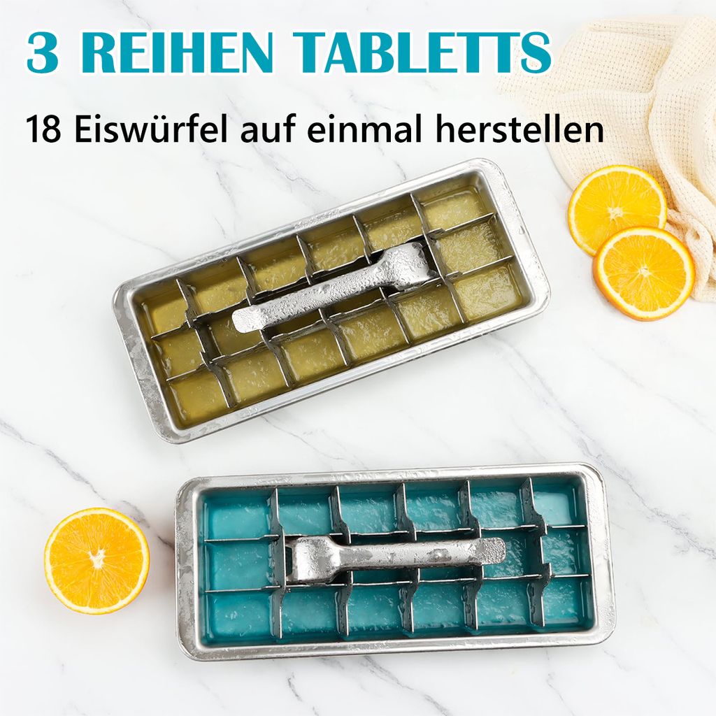 Edelstahl Eiswürfelform Mit 18 Fächern & Hebel – Lebensmittelecht, Plastikfrei, Inkl. Zange