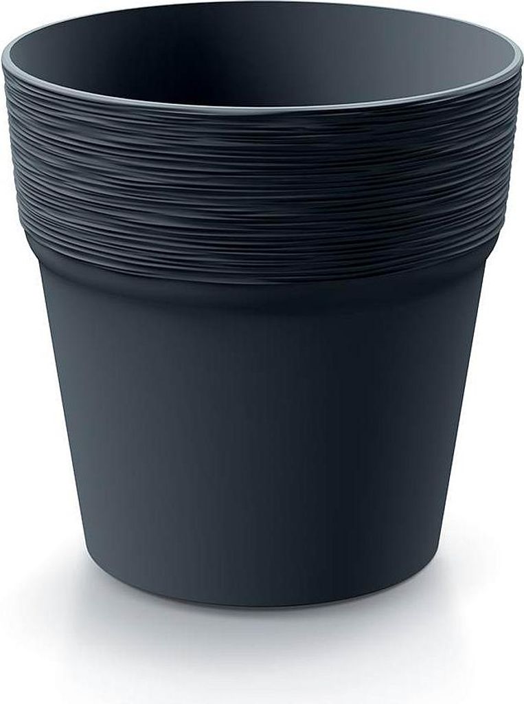 A dark gray plastic plant pot is shown against a white background.