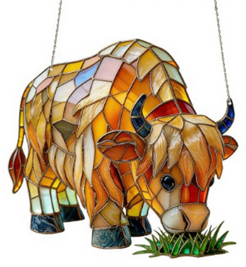Schmetterlings-Sonnenfänger mit Hochlandrind-Motiv für drinnen und draußen, Garten, Fenster oder Wand, 2D-Acryl-Buntglas-Ornament, 15 cm