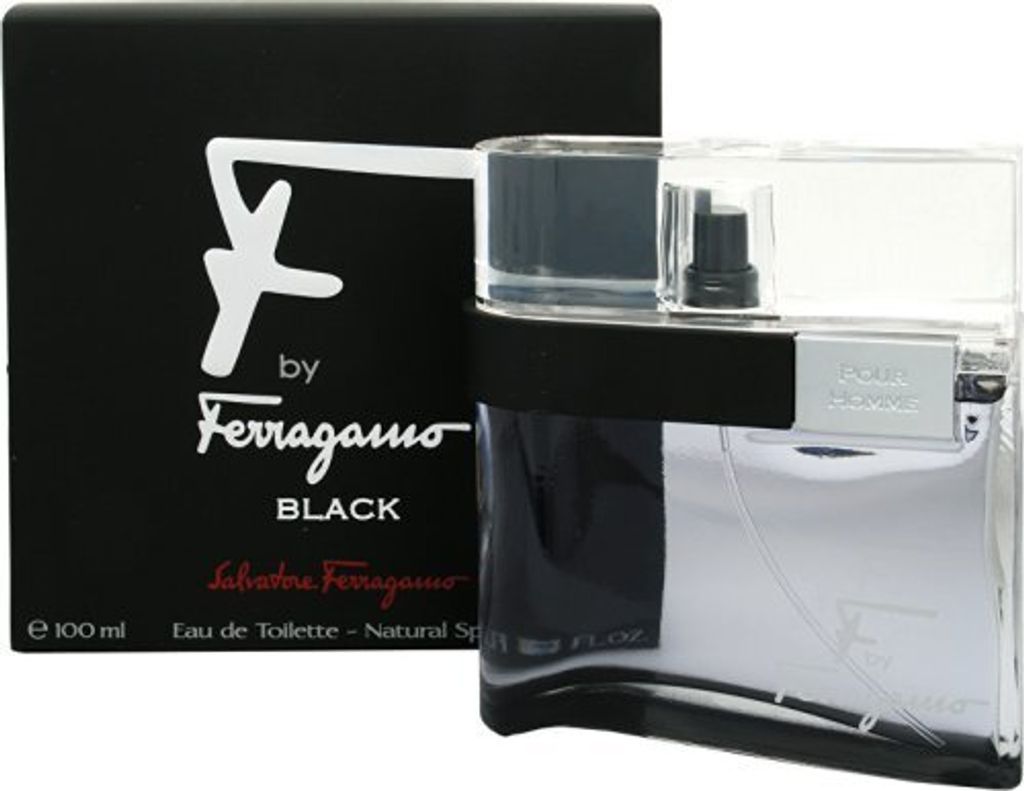 A black box and a clear glass bottle of F by Ferragamo Black eau de toilette for men.