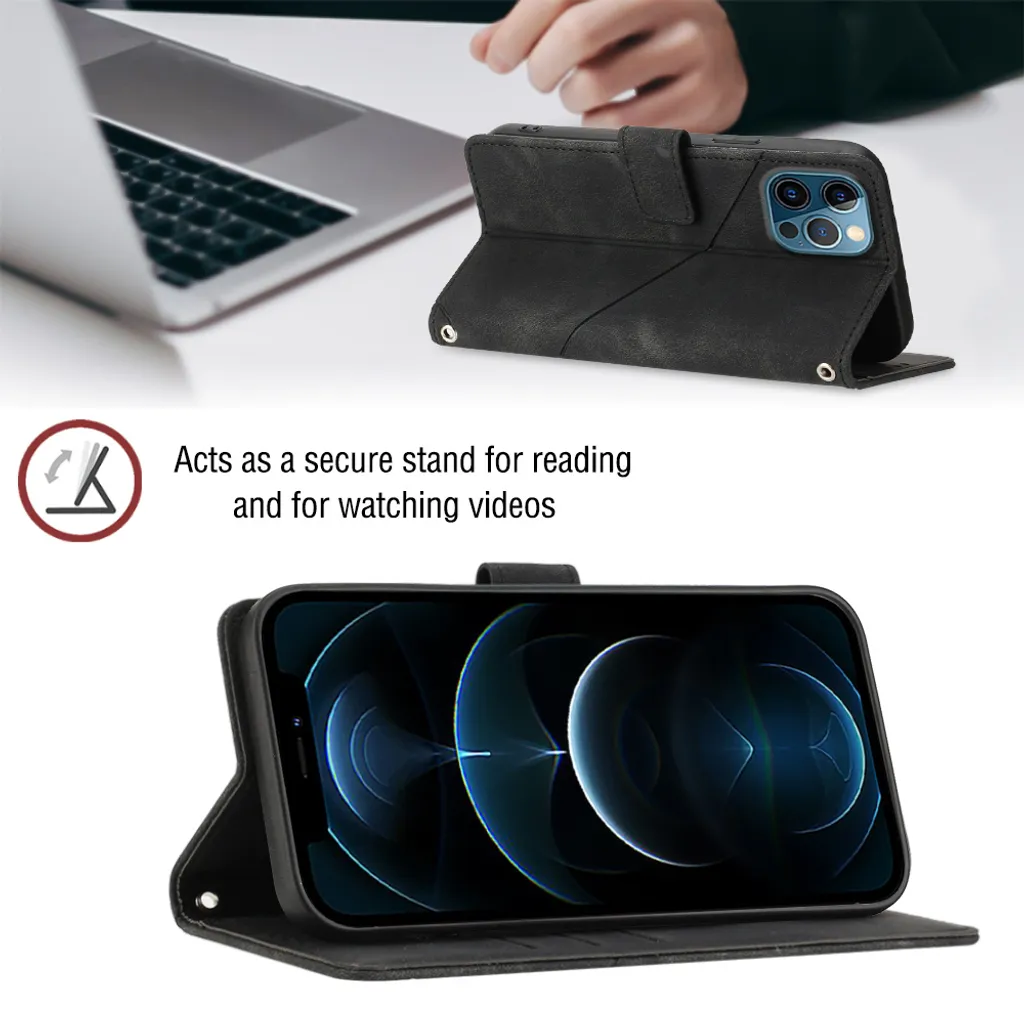 Cover iPhone 12 Pro Max Portafoglio Business - Pelle Nera con Stand - 6