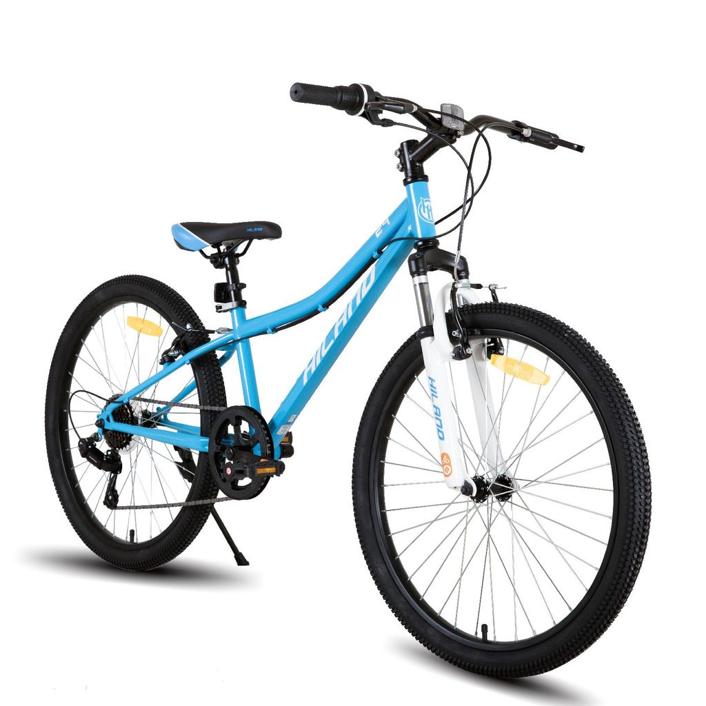 HILAND Climber 24 Zoll Kinderfahrrad Mountainbike mit Federgabel 7 Gang Shimano V-Bremse, Kinder MTB Jugend Mädchen, Blau
