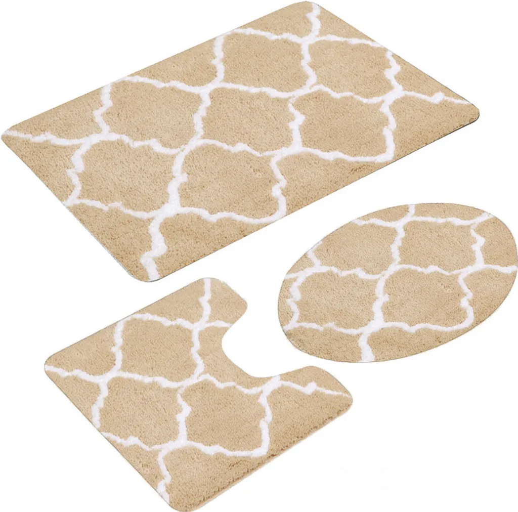 Ensemble tapis de bain beige pour sortie de douche et WC sans glisse