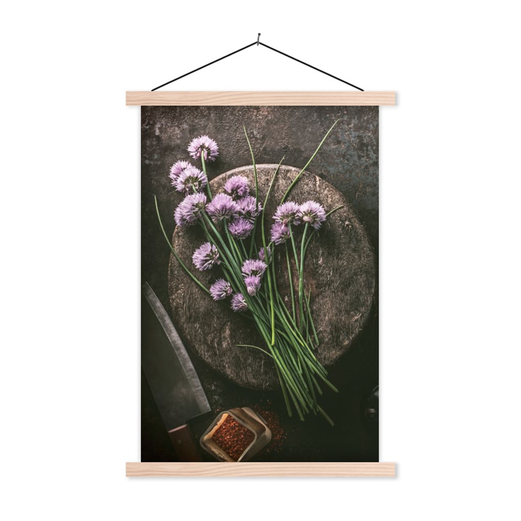 MuchoWow Textilposter Schnittlauch - Küche - Mörser - Rustikal - Kräuter - Lila 40x60 cm mit holzfarbenen Rahmen - Poster