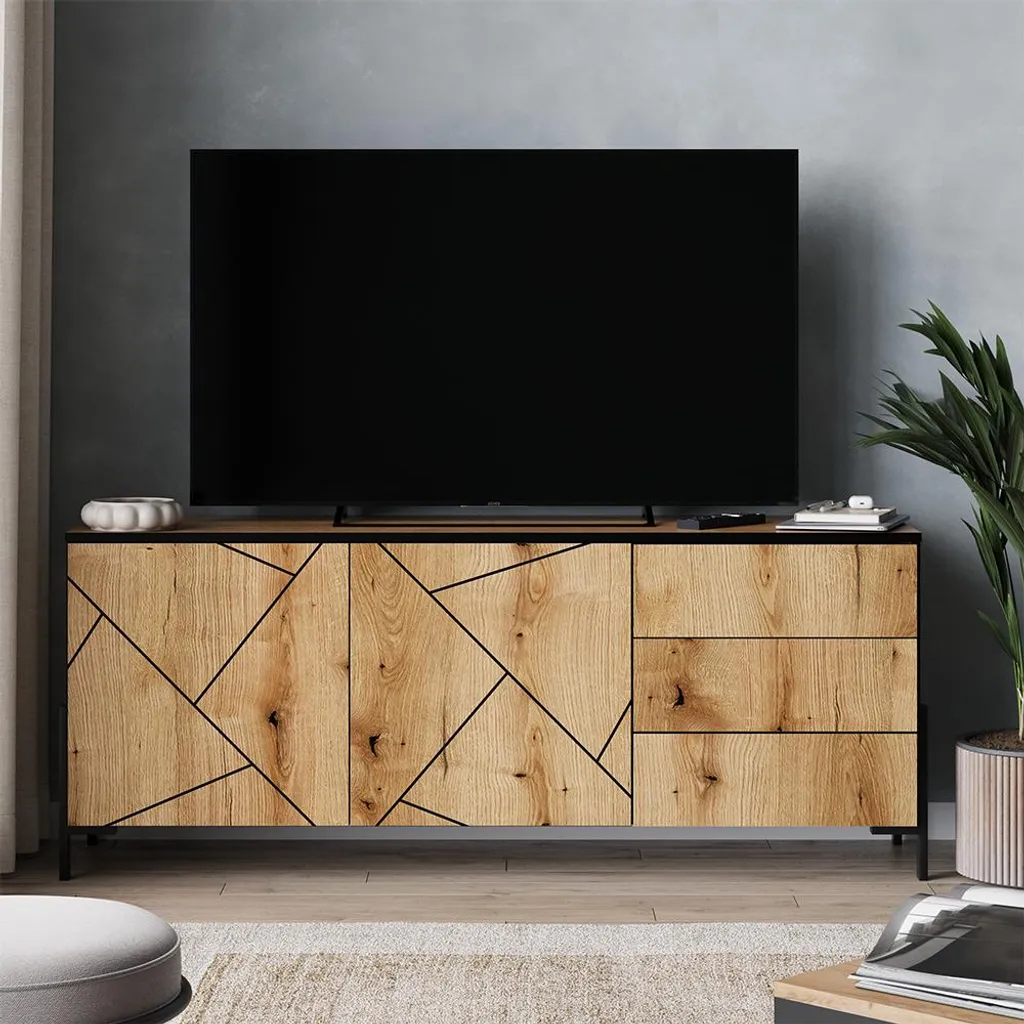 Banc TV en Chêne 150x60cm Vicco Hatto avec Nombreux Rangements Fermés