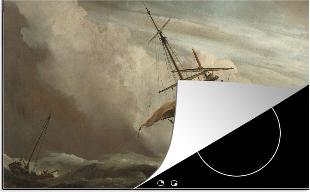 KitchenYeah Herdabdeckplatte Ein Schiff auf offener See während eines Sturms - Gemälde von Willem van de Velde , 78x52cm, Küche Deko, Glaskera...