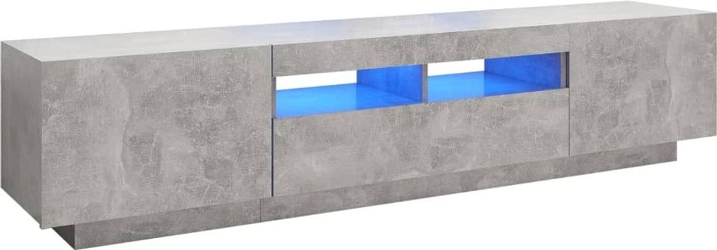 A modern, long, gray entertainment center with two open compartments illuminated with blue LED lights.