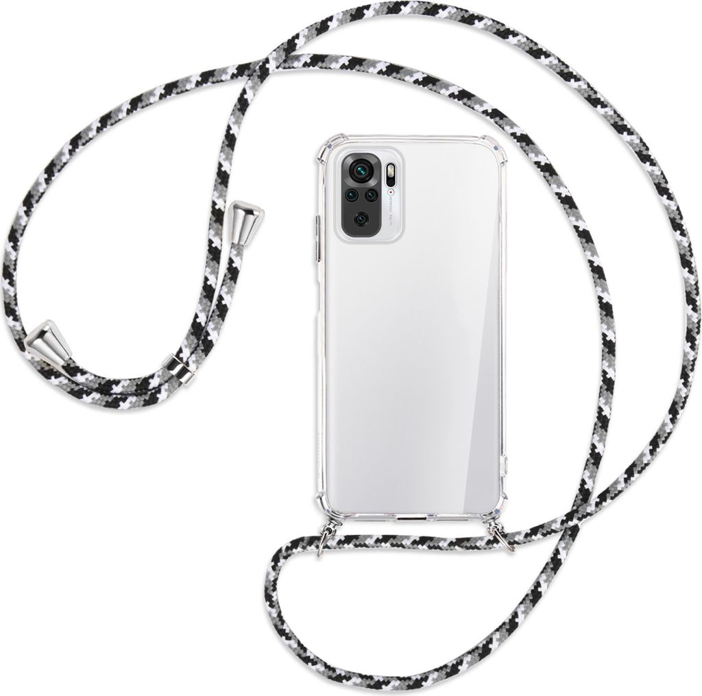 Handykette Backcover-Schutzhülle mit Band (Metall silberfarben) für Xiaomi Redmi Note 10 4G - schwarz/grau/weiß