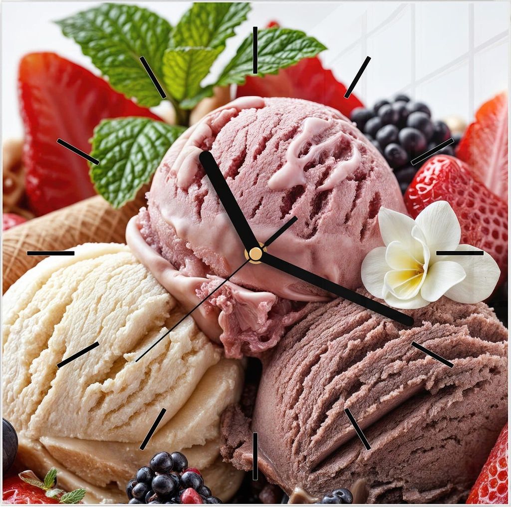 Wanduhr aus Glas mit Motiv Eiswaffelmit Obst- 30 x 30 cm - inkl. Aufhängesystem