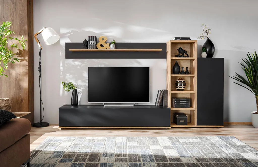 Mur de salon CARLEEN - Ensemble meuble TV chêne ribbeck et noir 250cm