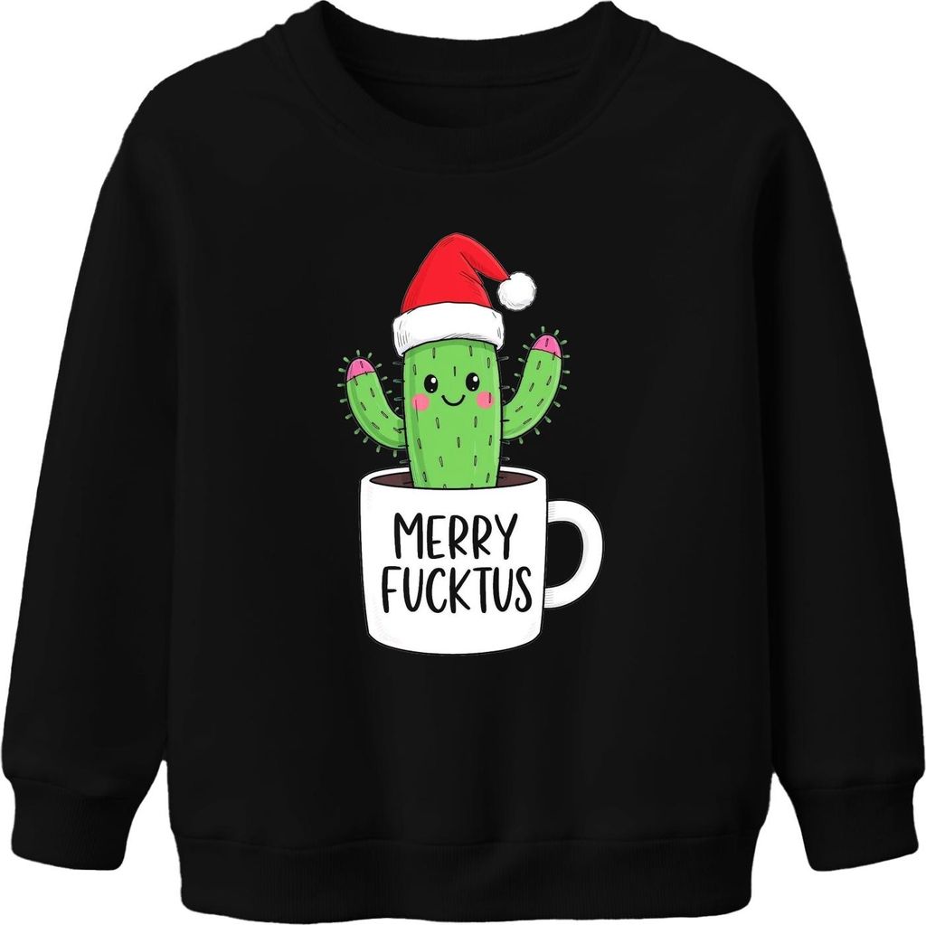 MERRY FUCKTUS lustiger Weihnachtskaktus Nikolaus Mütze Geschenk Uni Kinder Sweatshirt Pullover, Schwarz, 104