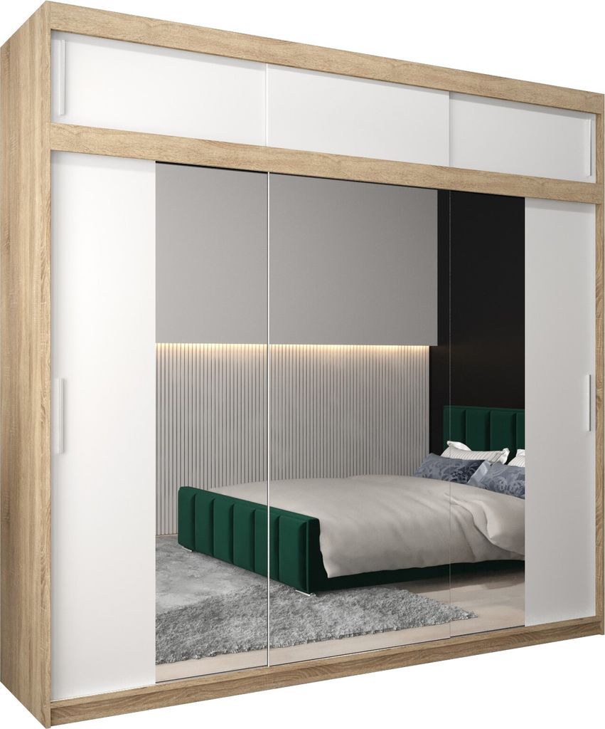Kleiderschrank, Schiebetürenschrank Schlafzimmer, Schrank mit Spiegel TOKYO 2 250 mit Aufsatz, Höhe 240 cm