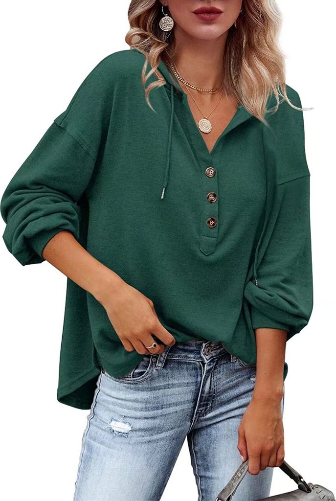 ASKSA Damen Kapuzenpullover Sweatshirts Hoodies Kordelzug Tiefer V-Ausschnitt Knopfleiste Tops, Grün, M