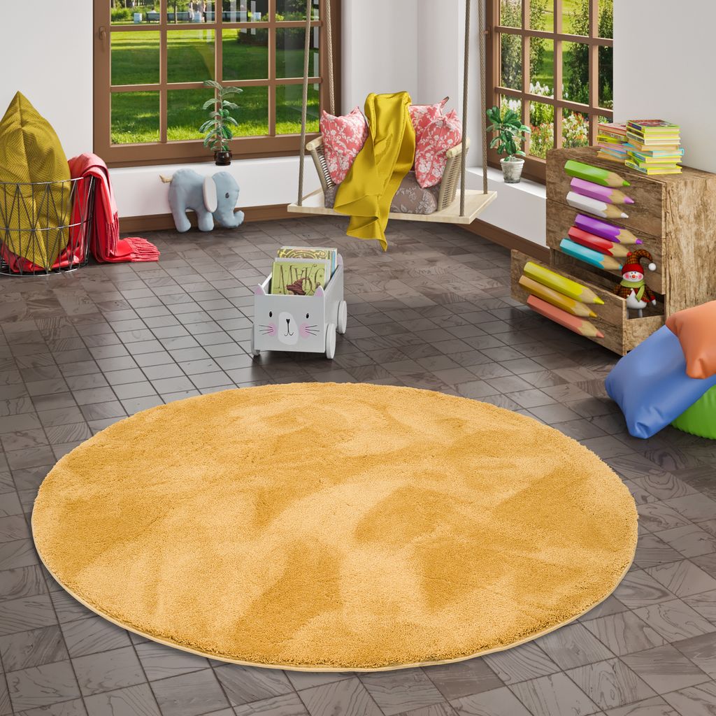 Super Soft Kinder Hochflor Teppich Silky Kids Curry Rund, Größe:200 cm Rund