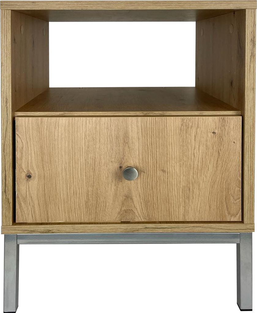 Nachttisch, Eiche Artisan mit Silber Metallbeinen, mit Schublade 58x40x40, Lofoten, moderner Stil REVE