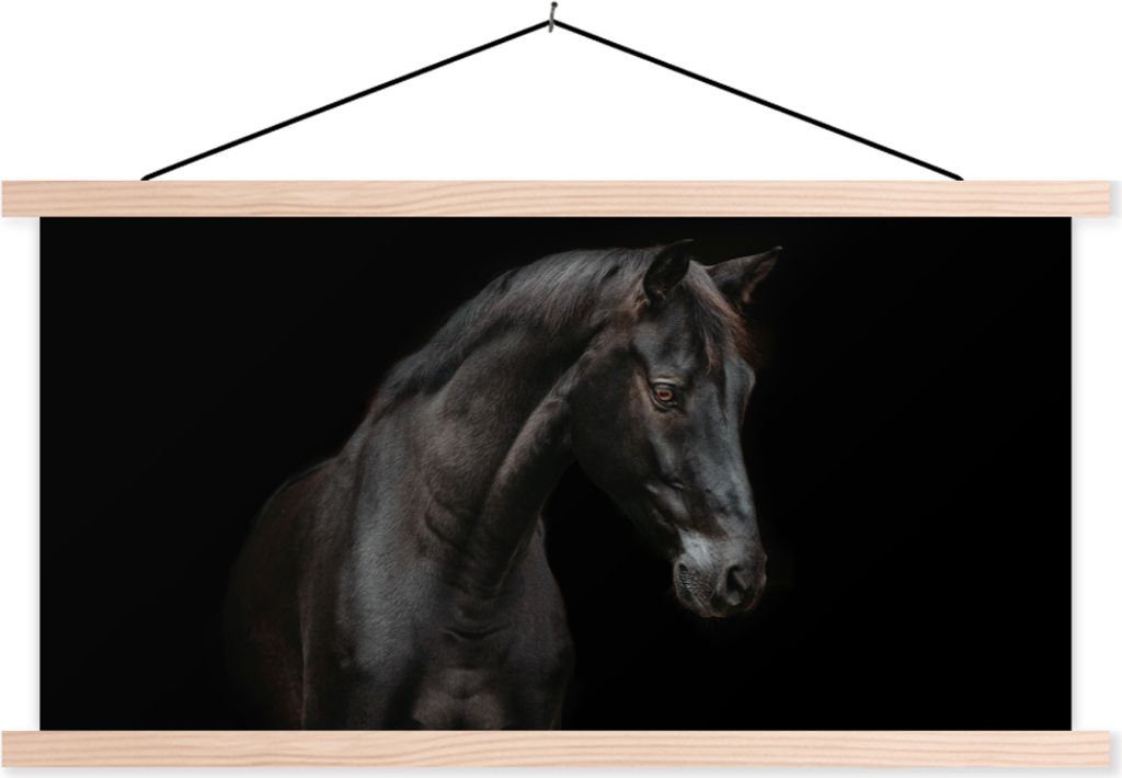 MuchoWow Textilposter Pferd - Tiere - Schwarz - Porträt 120x60 cm mit holzfarbenen Rahmen - Klemmleiste