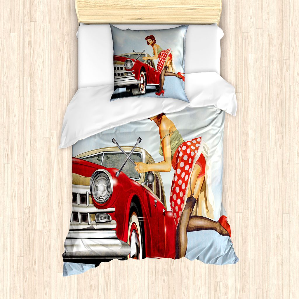 ABAKUHAUS Pin up Girl Bettbezug Set für Einzelbetten, Lady Zur Festsetzung des Autos, Milbensicher Allergiker geeignet mit Kissenbezug, 135 cm x 2...