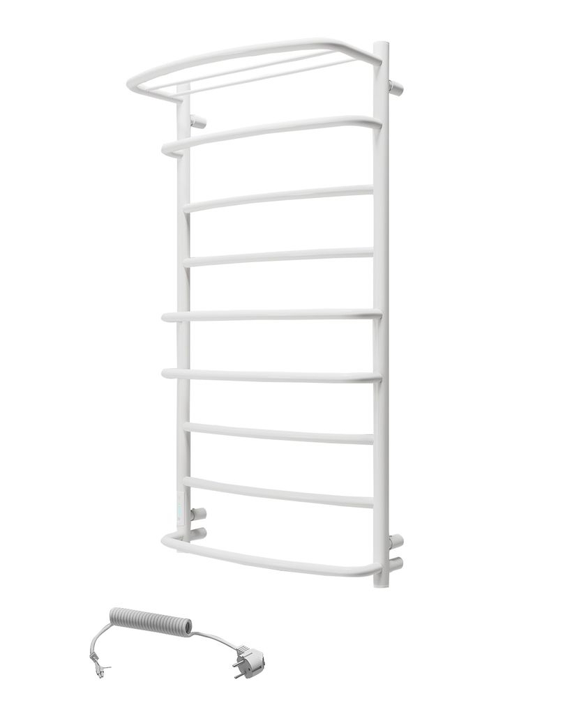 A white electric towel warmer with a shelf on top, shown against a white background. A separate power cord with a plug is visible below.