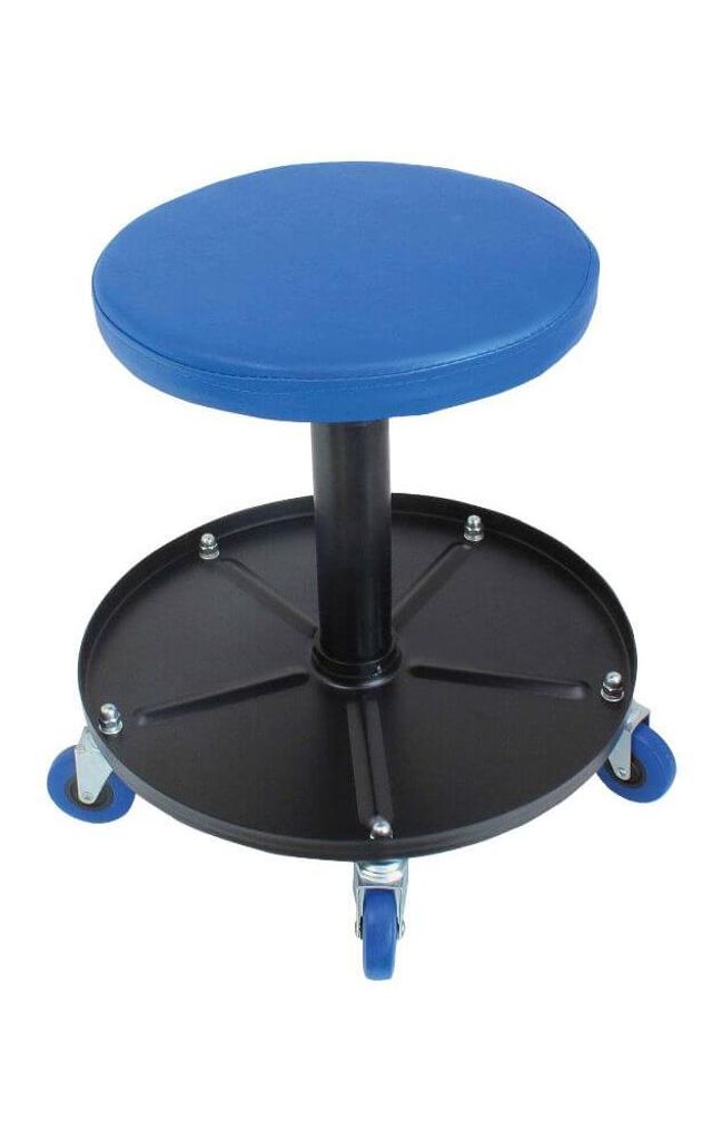 A blue and black rolling stool with a tool tray.