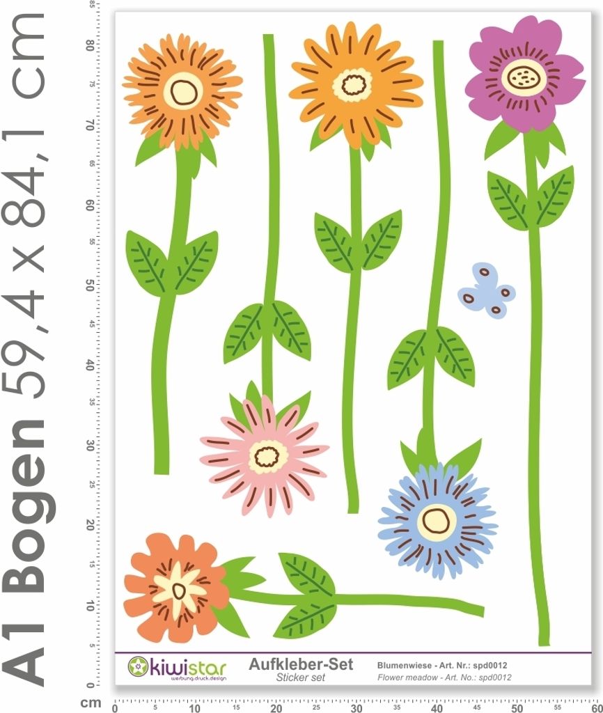 Kiwistar Blumenwiese anlegen, 12 Blumen, Gesamtgröße, Wandsticker Set Bogen Aufkleber farbig DIN A4 DIN A1 Gesamtfläche: ca. 80x60cm