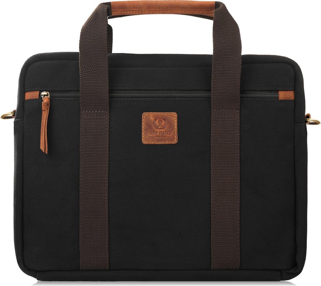 Paolo Peruzzi Herren Aktentasche Laptopfach 15,6 Zoll A4 Reißverschluss Canvas Echtleder Trolleyhalterung Schwarz Braun