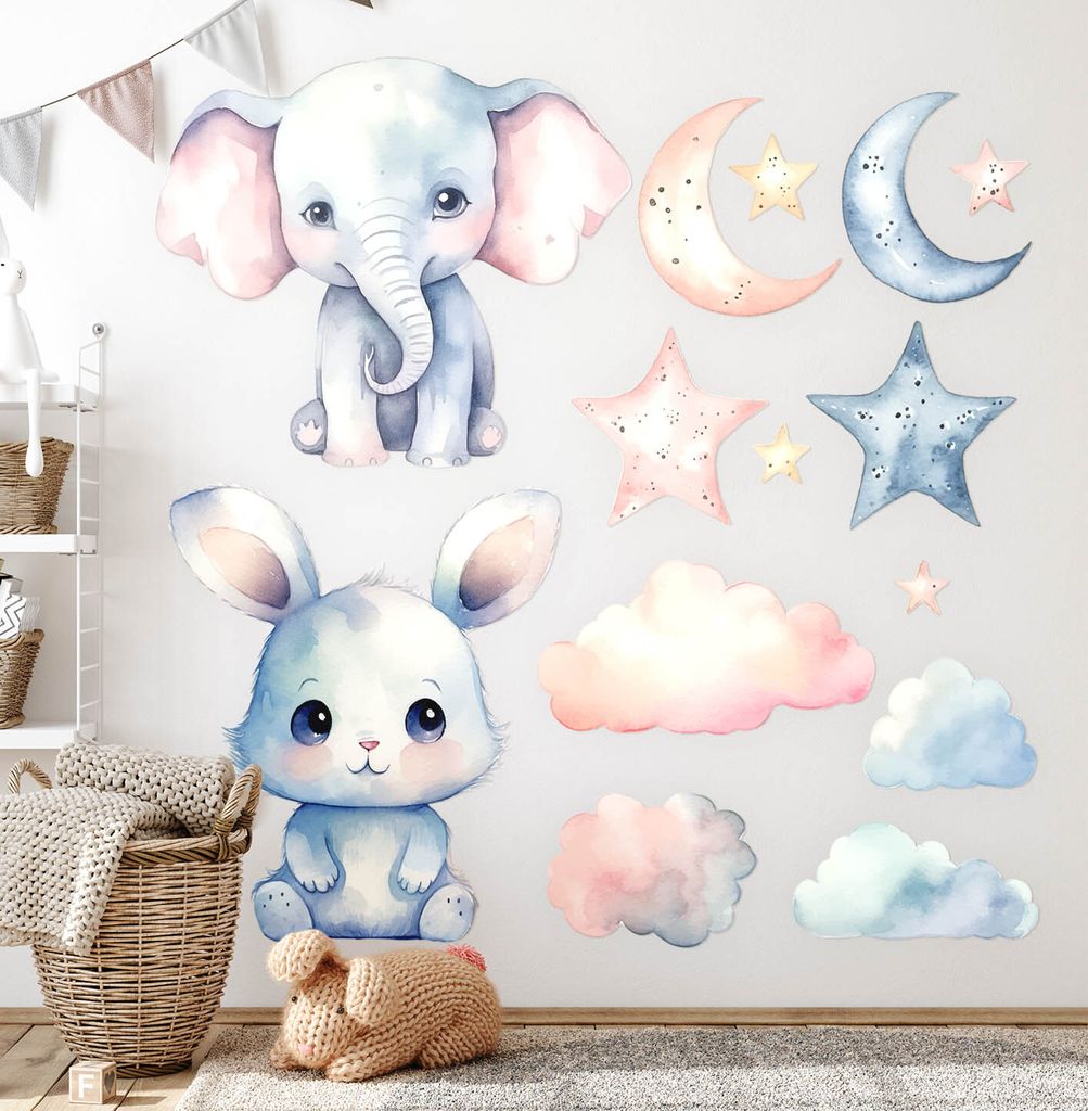Pastellfarbene Tiere – Wandgestaltung – Wandbilder Kinder – Motivtapeten Set – Wanddekor Kinderzimmer – Selbstklebende Wandsticker – 10...