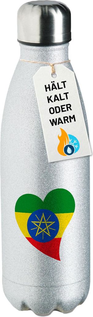 Huuraa Trinkflasche Äthiopien Flagge Herz 500ml Silver Edelstahl Wasserflasche Trinkflasche Geschenkidee