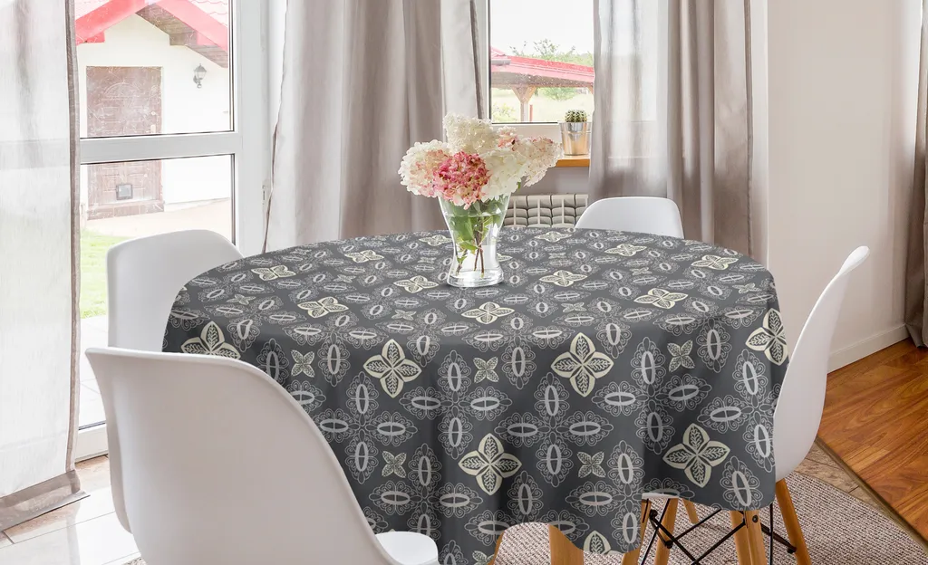 ABAKUHAUS Tovaglia rotonda astratta, forme decorative bohémien, tovaglia circolare per sala da pranzo, decorazione cucina, 150 cm, grigio champagne chiaro