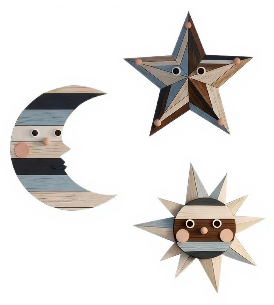 3-teiliges rustikales Wanddeko-Set aus Holz mit Sonne, Mond und Sternen im Bohème-Stil – Vintage-Wandbehang für Wohnzimmer, Schlafzimmer und me...