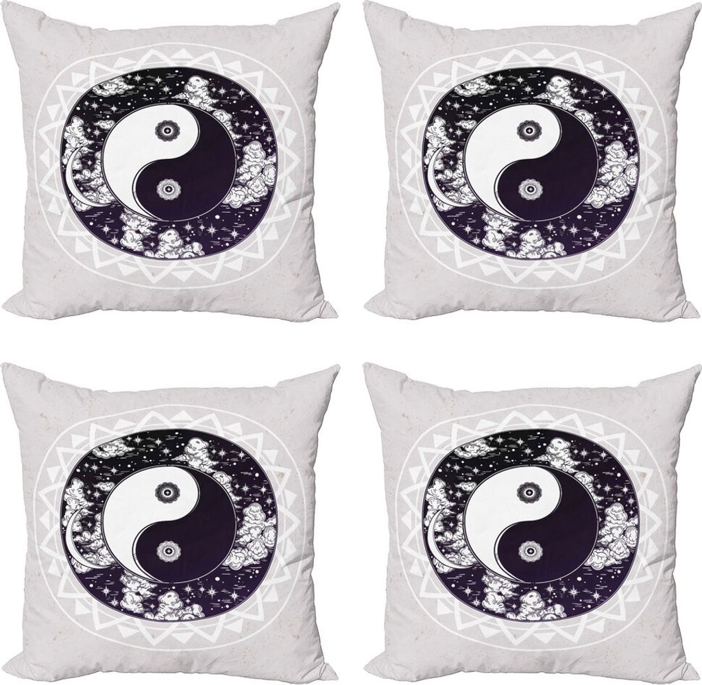 ABAKUHAUS Mystiker Kissenbezug Set (4 Stück), Ying Yang Boho Kunst, Moderner Doppelseitiger Digitaldruck, 60 cm x 60 cm, Schwarz Weiß Beige