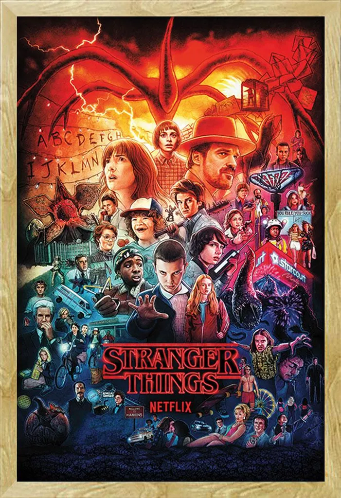 Stranger Things - Poster - Montaggio delle stagioni + cornice rimovibile, Shinsuke® Maxi MDF faggio, vetro acrilico