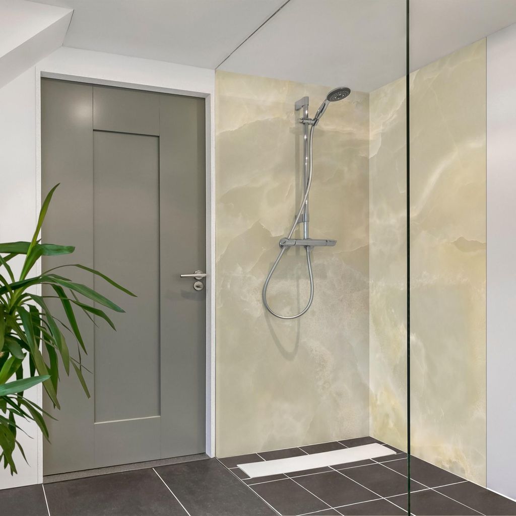 Duschrückwand mit Motiv selbstklebend - 0.35 mm Wandpaneel wasserfest Design beige Marmoroptik Motiv Badrückwand fugenlos Smart matt 90x190 cm
