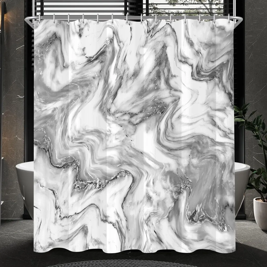 Tenda da bagno geometrica in marmo, con stampa marmorizzata, tessuto impermeabile in microfibra bianco e nero con ganci per bancarelle vasche da bagno, 72 x 175 cm